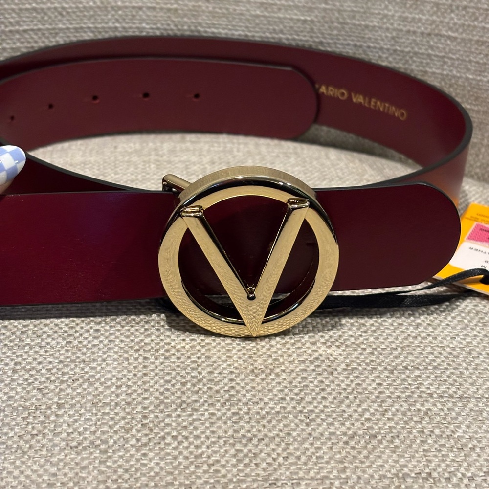 Valentino Women's Burgundy Belt with Gold Buckle Size M